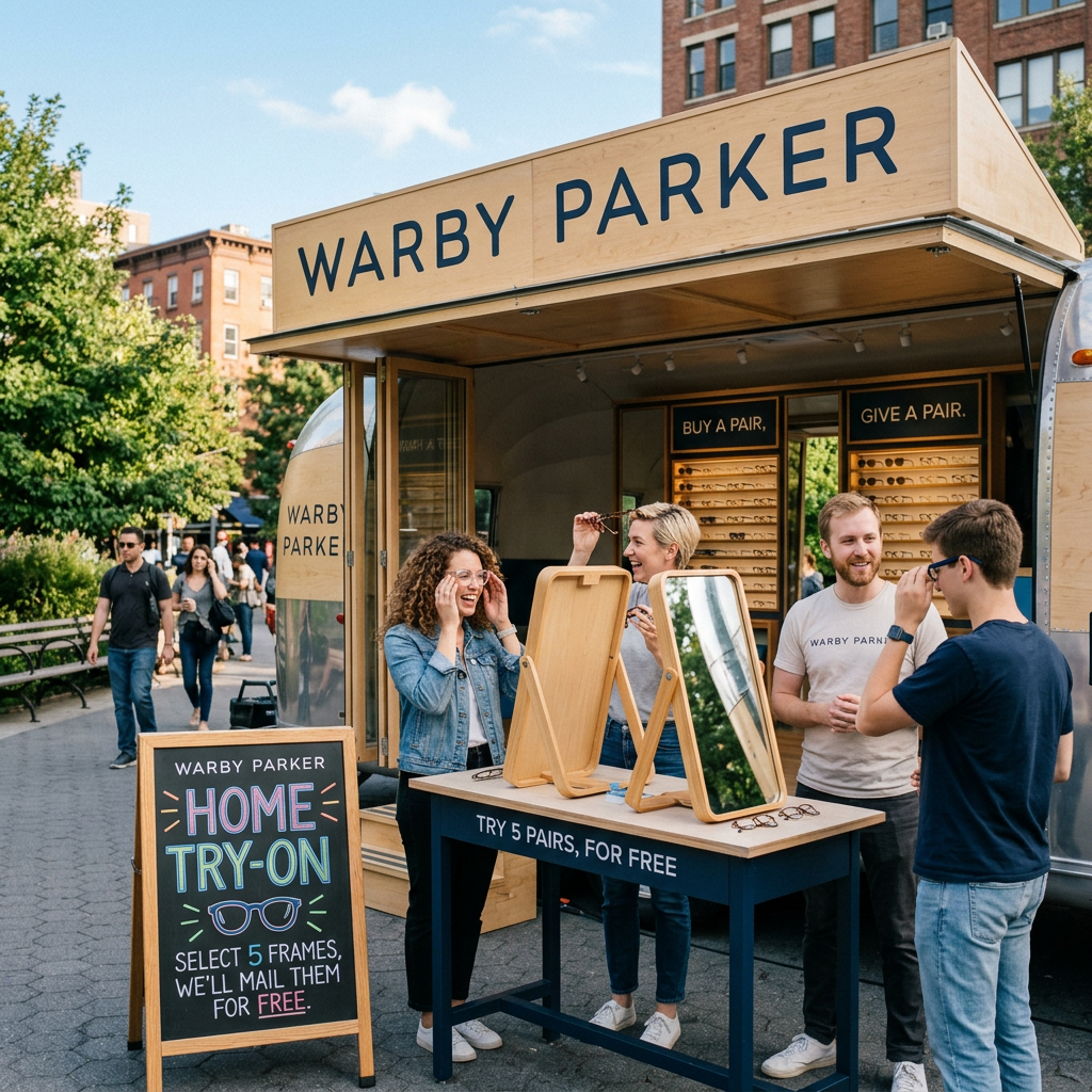 Four people trying on and discussing glasses at a Warby Parker mobile shop with mirrors and display frames.