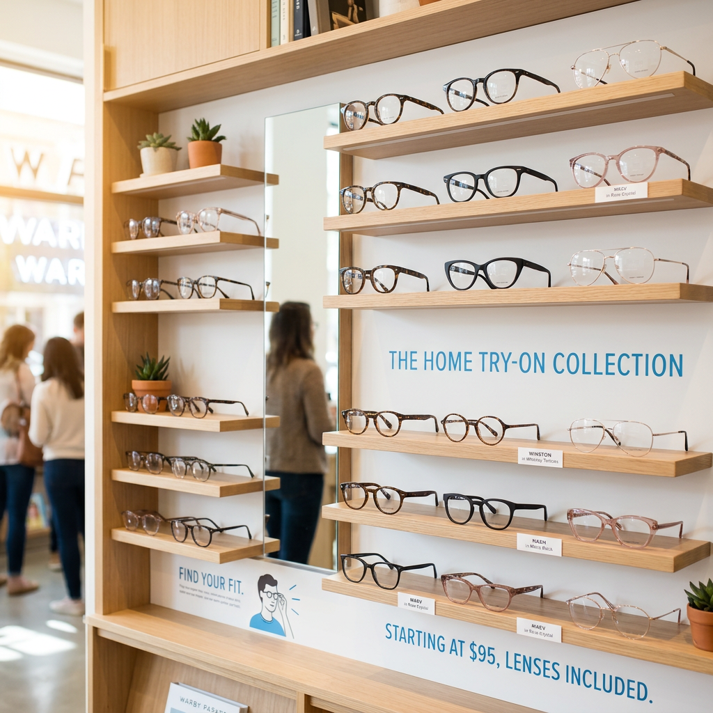 Eyeglasses on wooden shelves labeled The Home Try-On Collection with price starting at $95 lenses included